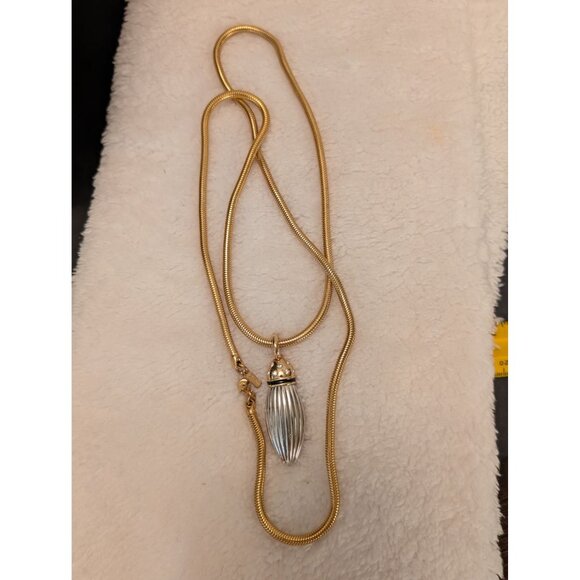 Rare Monet Snake Chain Necklace W/ Silver-Toned Ribbed Pendant & Rhinestones 34" - Picture 4 of 9